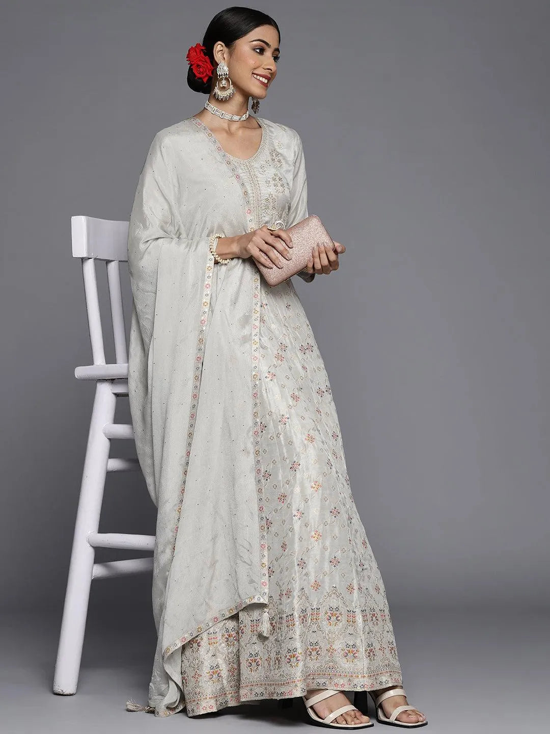 Grey Self Design Silk Anarkali Suit Set - Libas 