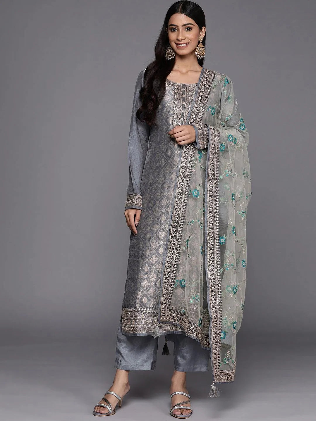 Grey Self Design Silk Blend Straight Suit Set - Libas 