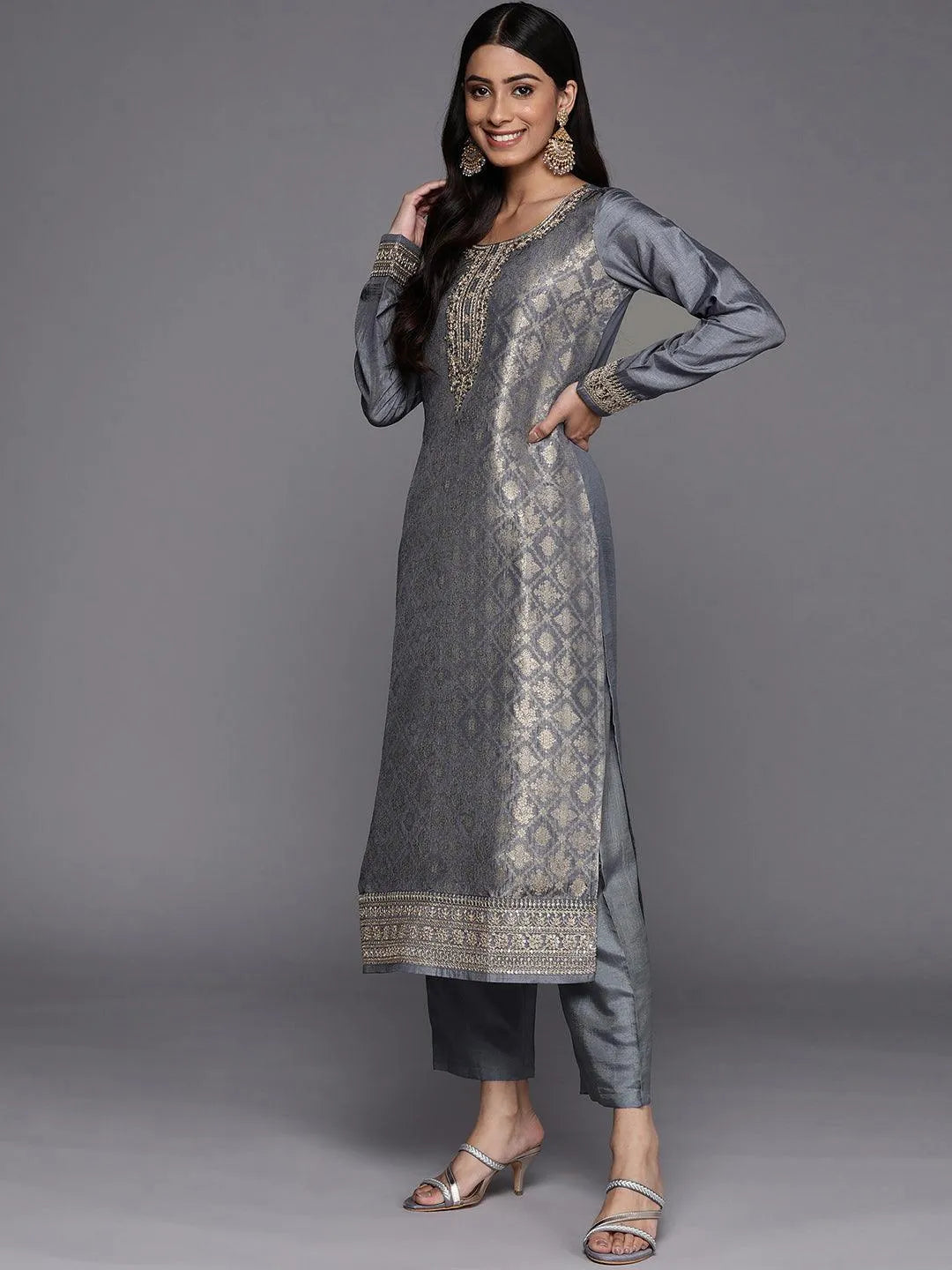 Grey Self Design Silk Blend Straight Suit Set - Libas 