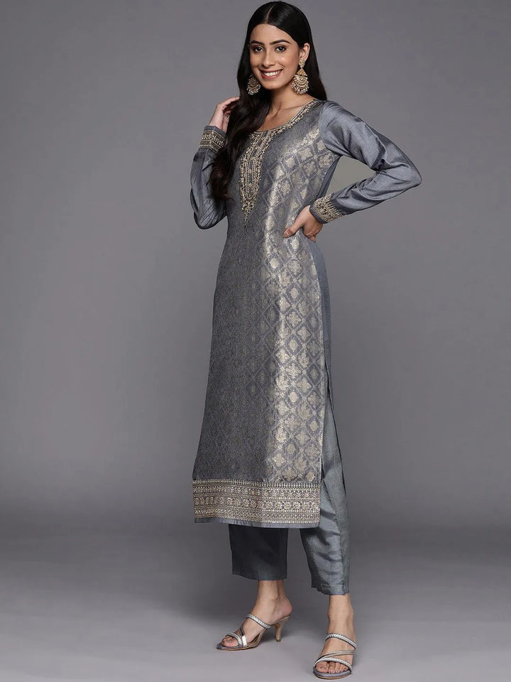 Grey Self Design Silk Blend Straight Suit Set - Libas