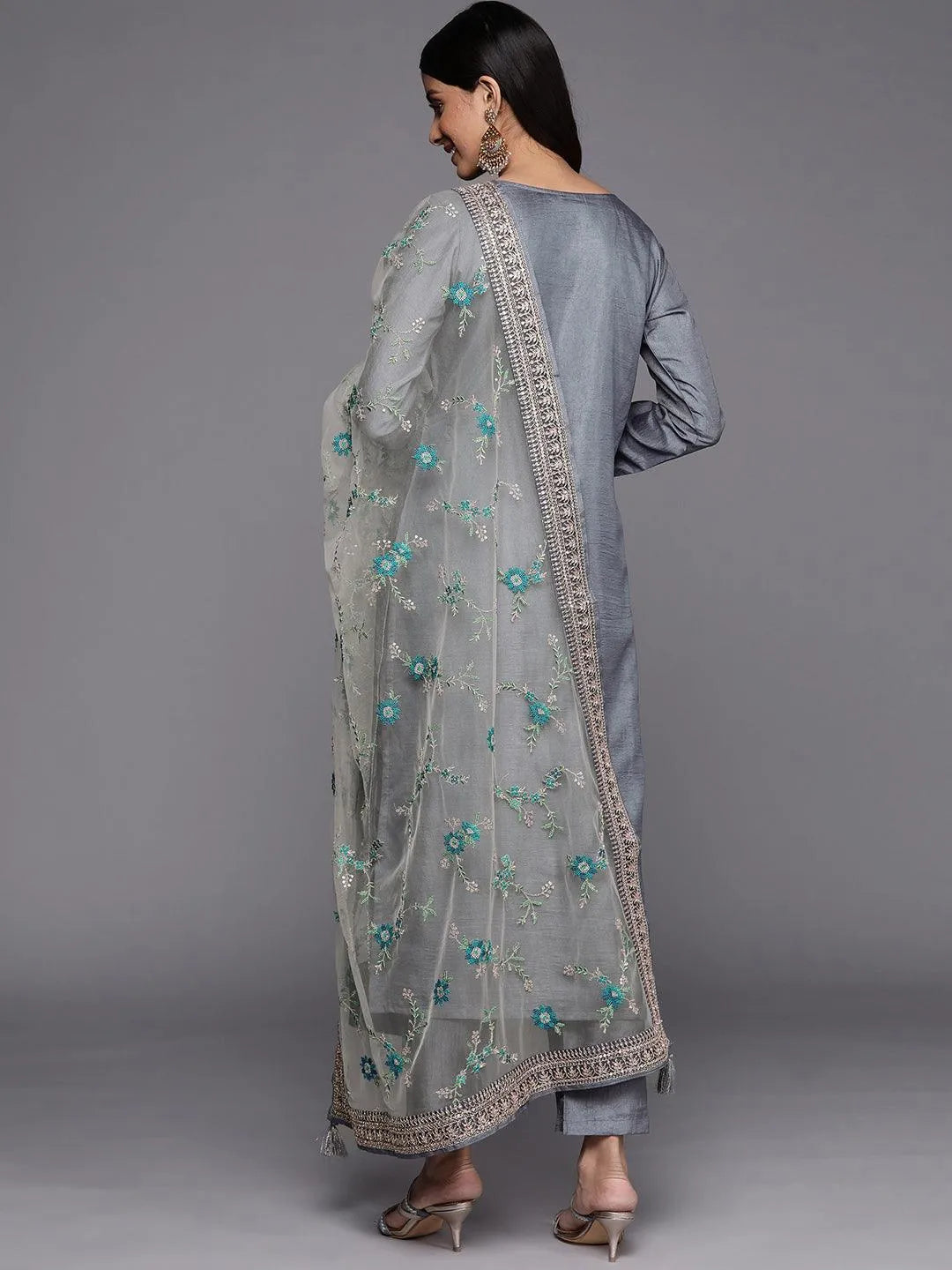 Grey Self Design Silk Blend Straight Suit Set - Libas 