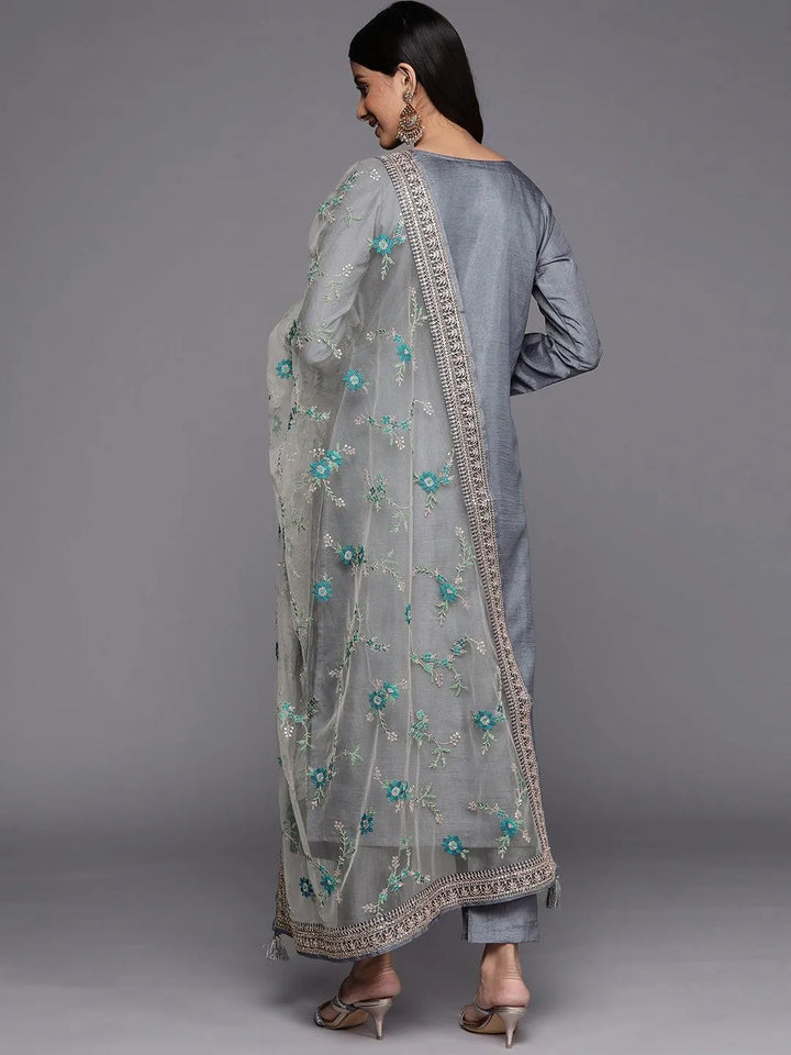 Grey Self Design Silk Blend Straight Suit Set - Libas