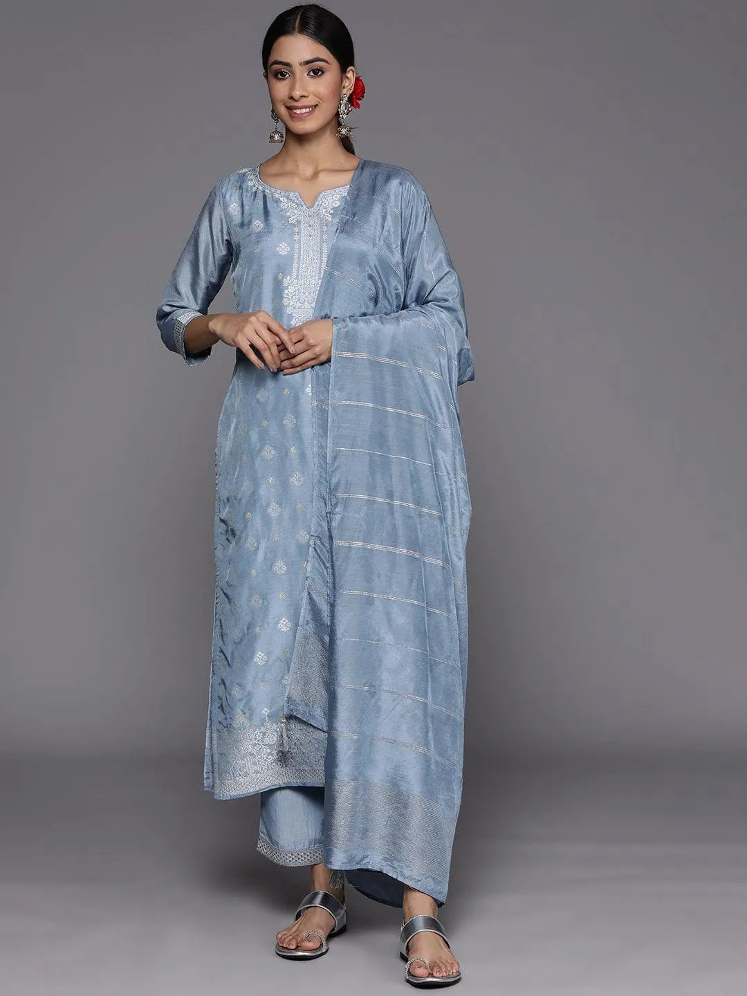 Grey Self Design Silk Blend Suit Set With Trousers - Libas 