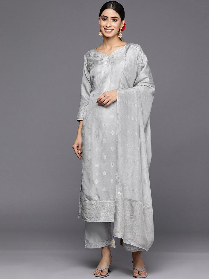 Grey Self Design Silk Blend Straight Suit Set With Trousers - Libas