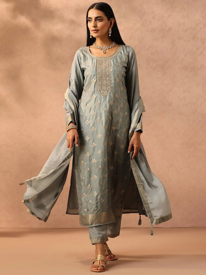 Grey Self Design Silk Blend Suit Set With Trousers - Libas