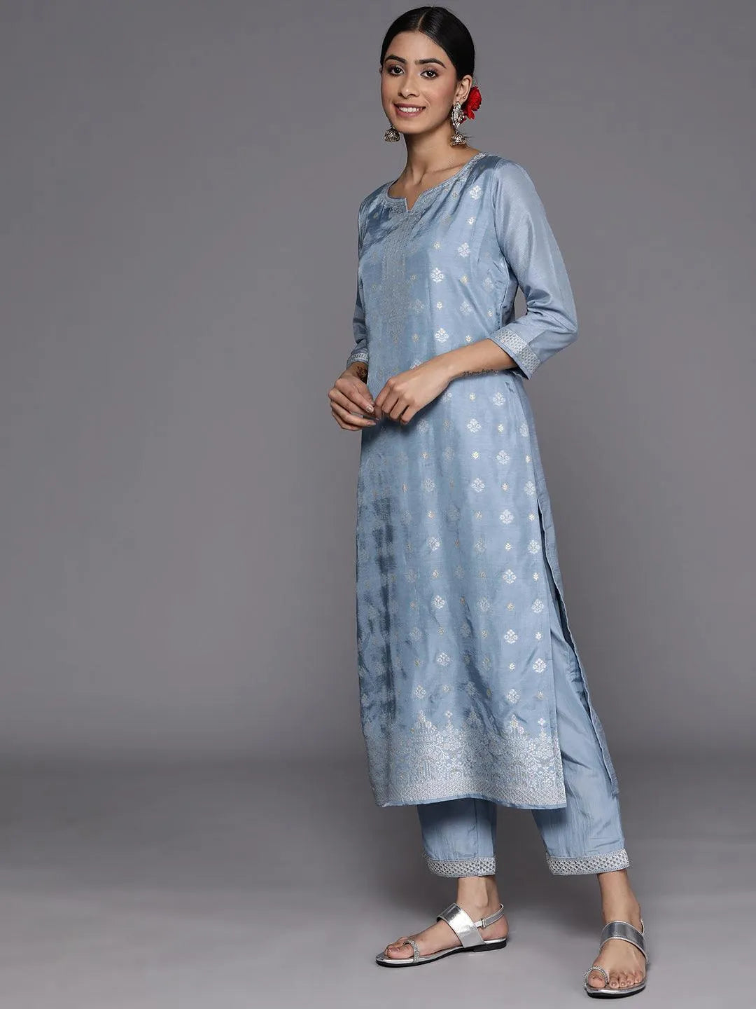 Grey Self Design Silk Blend Suit Set With Trousers - Libas 