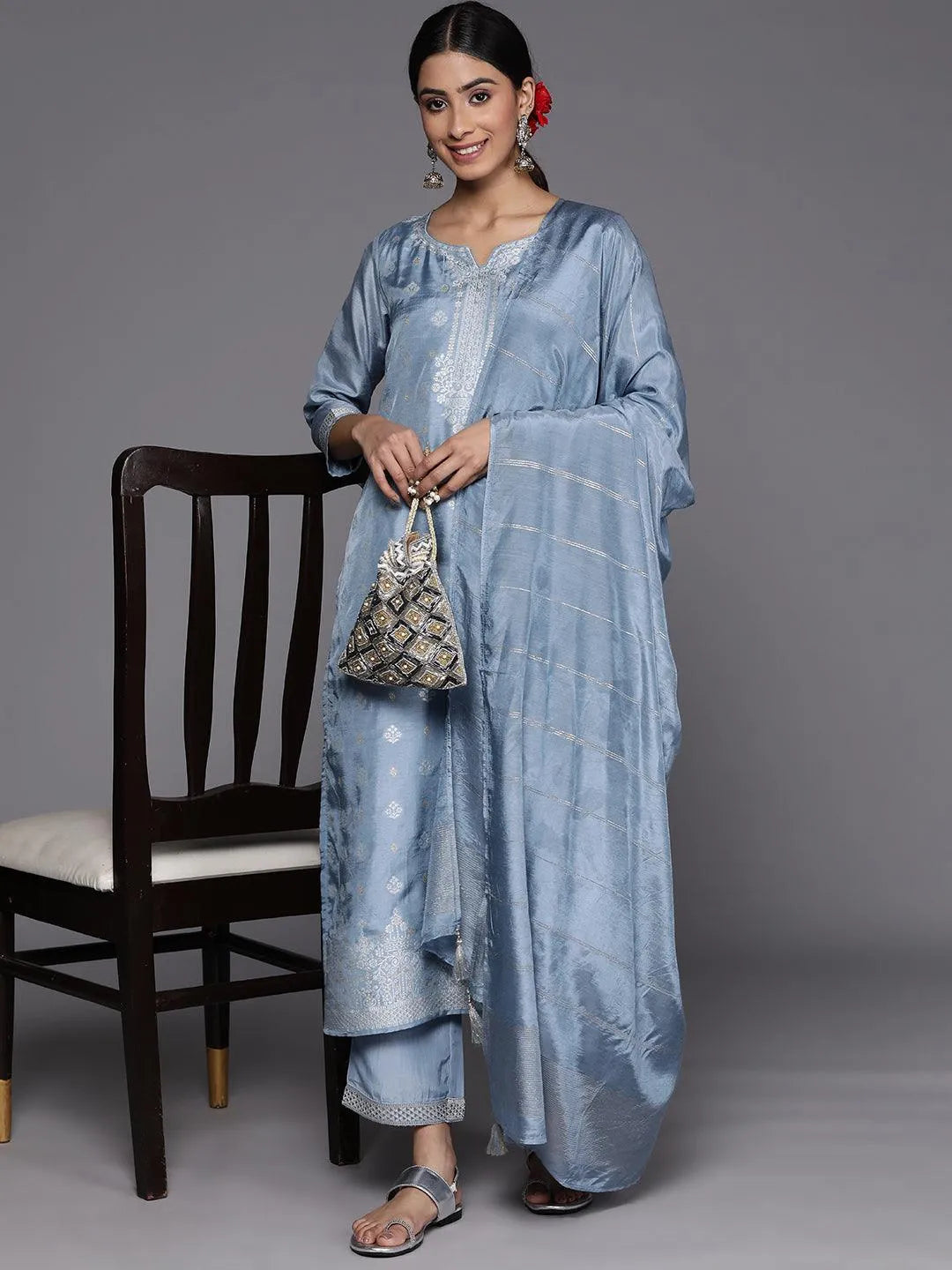 Grey Self Design Silk Blend Suit Set With Trousers - Libas