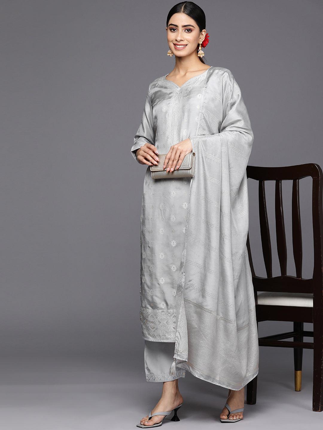 Grey Self Design Silk Blend Straight Suit Set With Trousers - Libas 