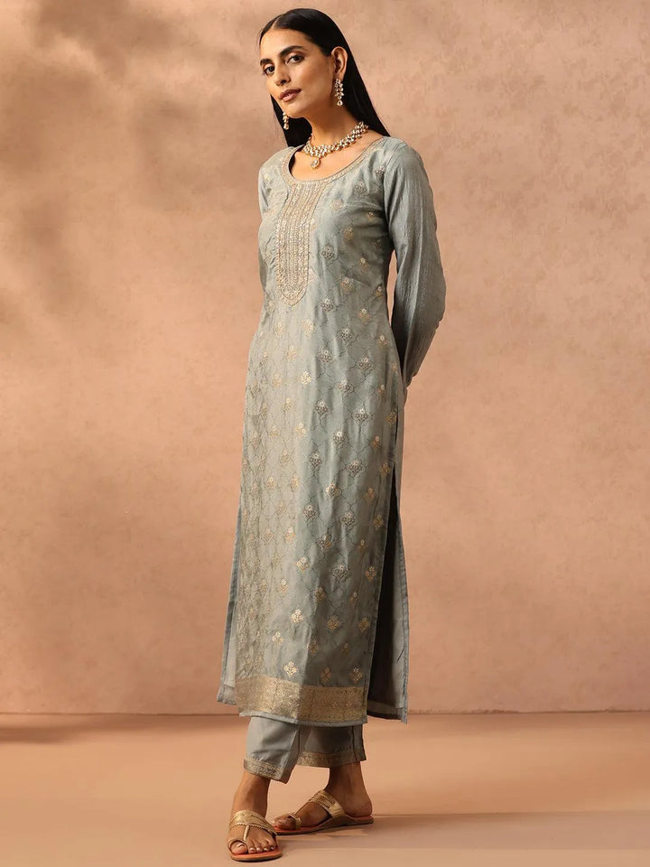 Grey Self Design Silk Blend Suit Set With Trousers - Libas