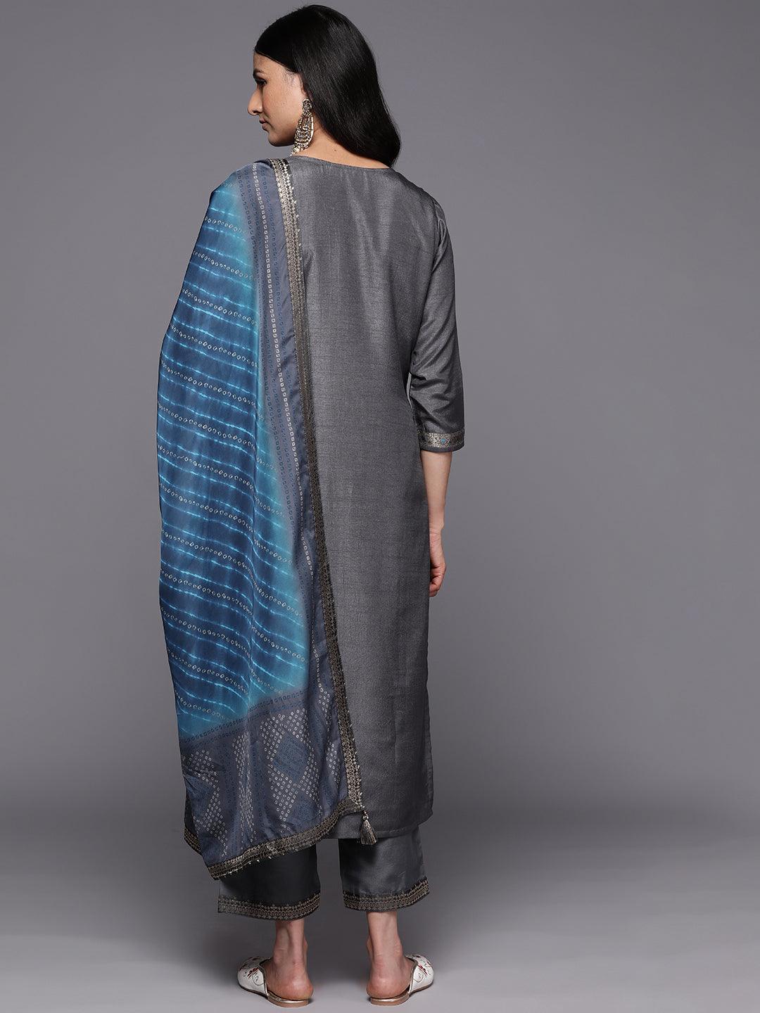 Grey Self Design Silk Blend Straight Kurta With Trousers & Dupatta