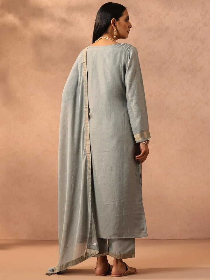 Grey Self Design Silk Blend Suit Set With Trousers - Libas