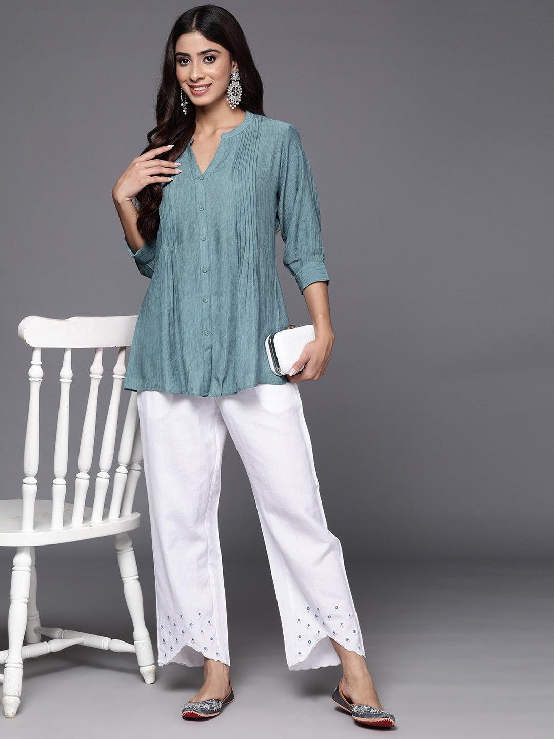 Grey Solid Cotton Blend A-Line Kurti - Libas