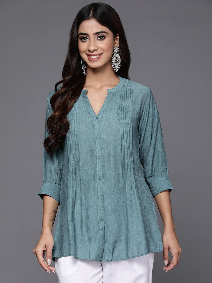 Grey Solid Cotton Blend A-Line Kurti - Libas