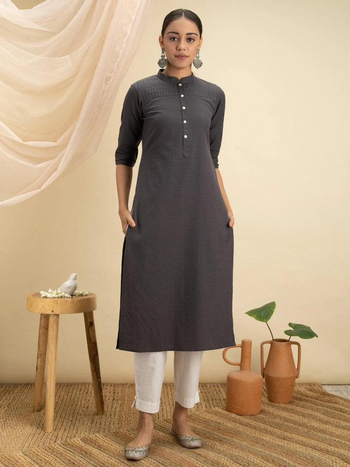 Grey Solid Cotton Kurta - Libas