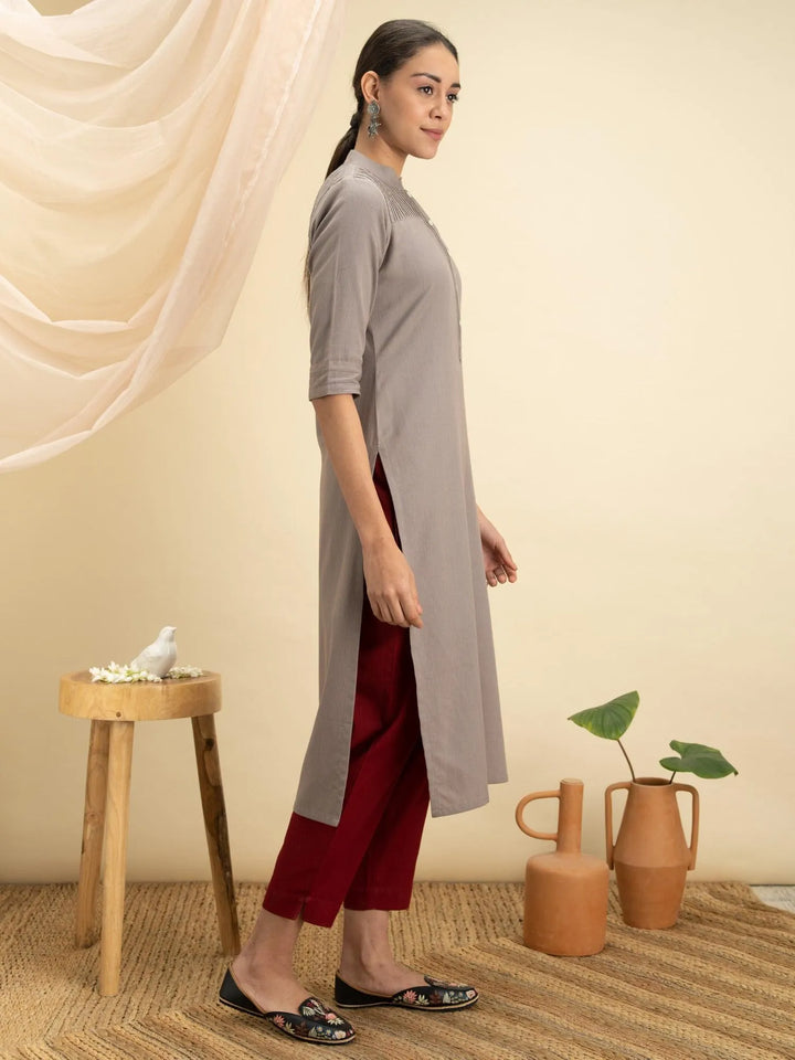 Grey Solid Cotton Kurta - Libas