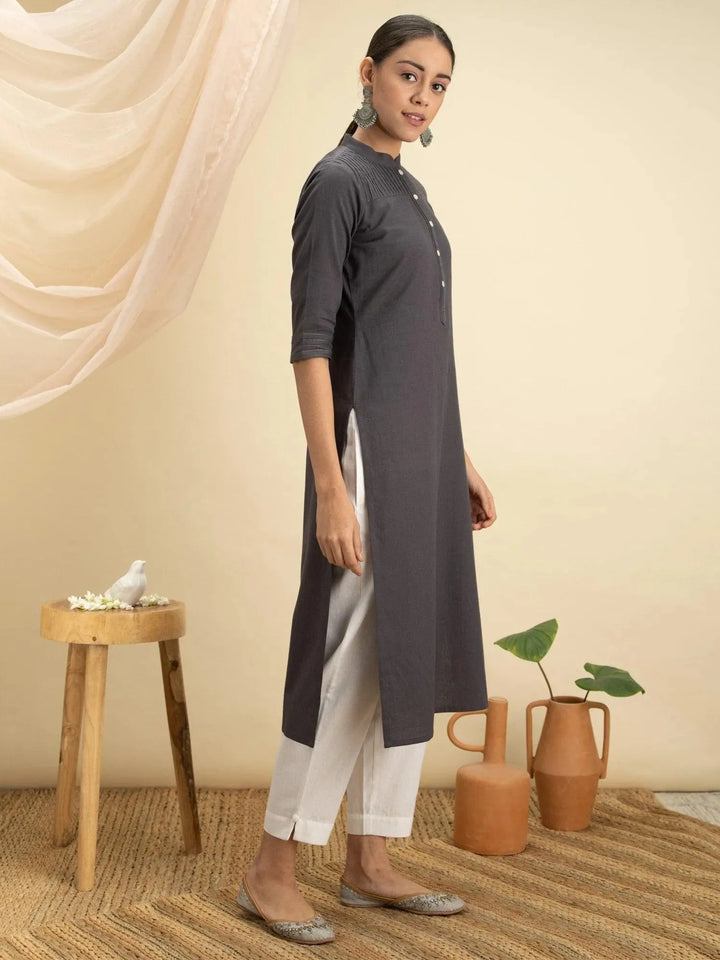 Grey Solid Cotton Kurta - Libas