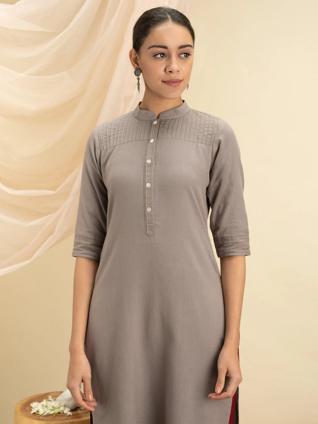 Grey Solid Cotton Kurta - Libas