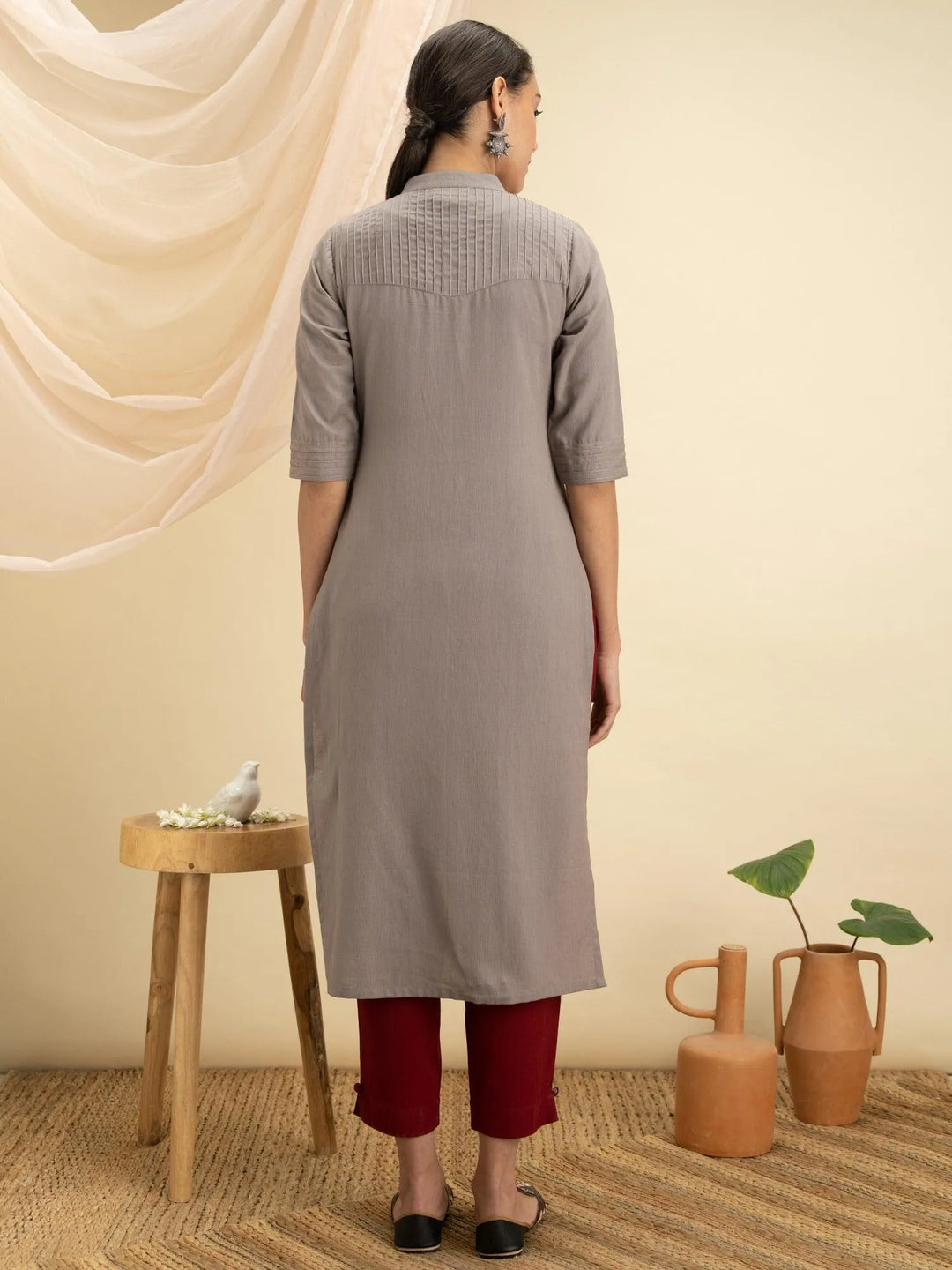 Grey Solid Cotton Kurta - Libas