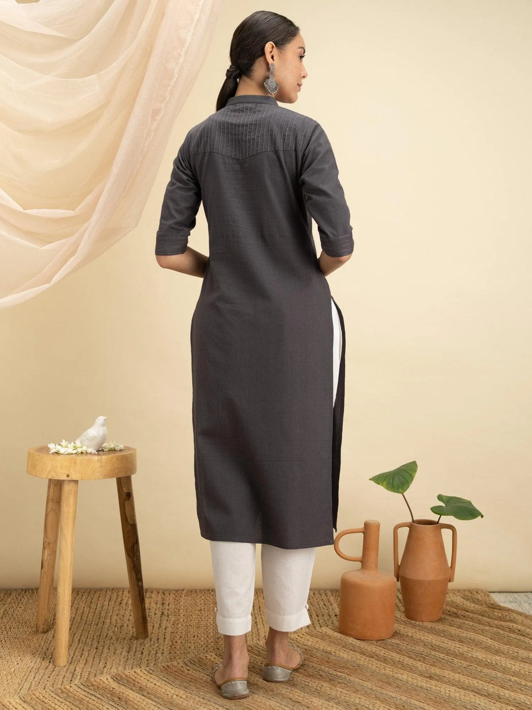 Grey Solid Cotton Kurta - Libas