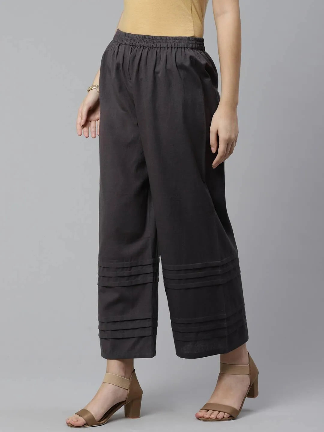 Grey Solid Cotton Palazzos - Libas 