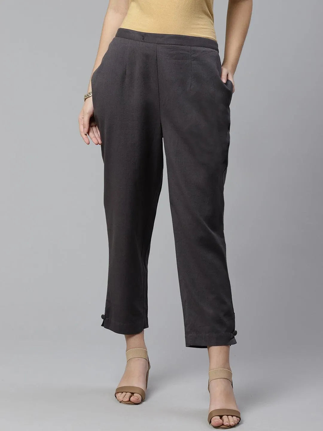 Grey Solid Cotton Trousers - Libas 