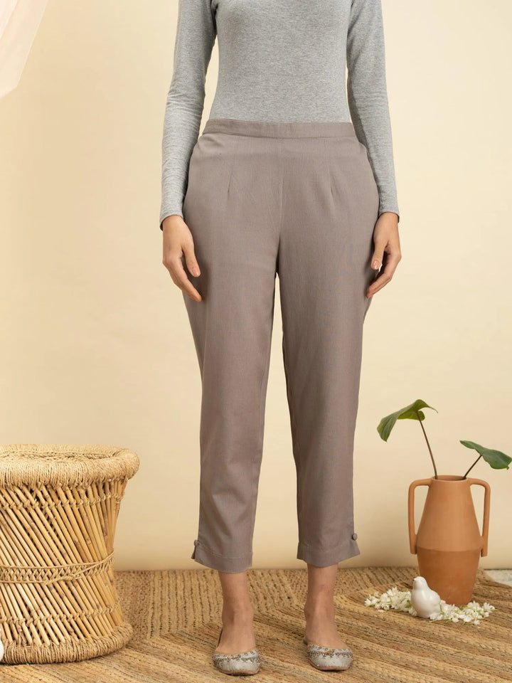 Grey Solid Cotton Trousers - Libas