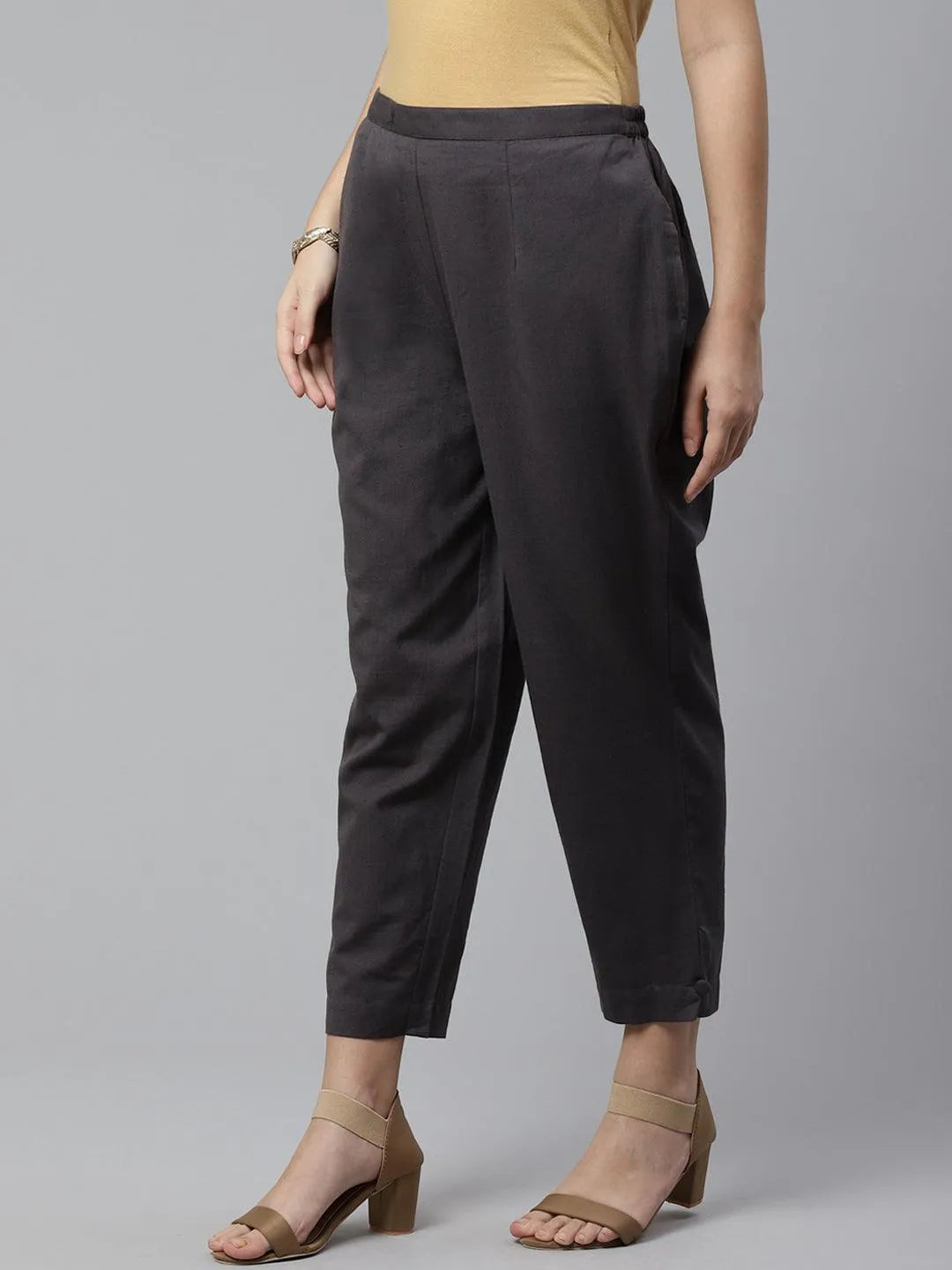 Grey Solid Cotton Trousers - Libas 