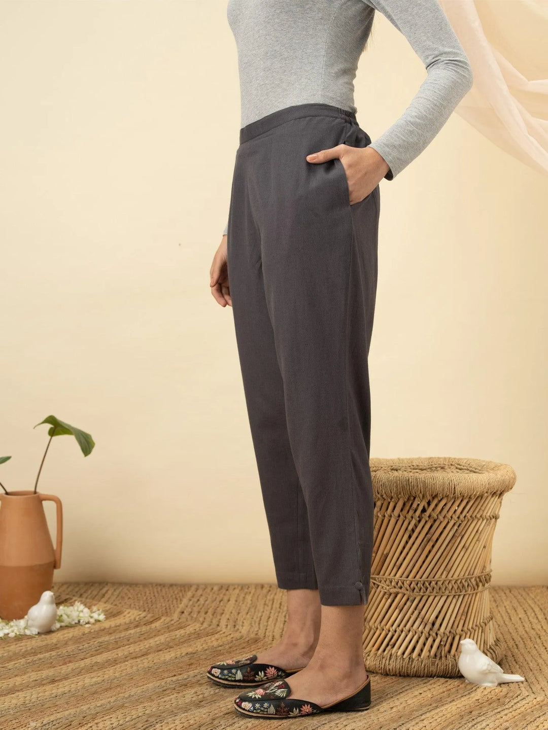 Grey Solid Cotton Trousers - Libas 