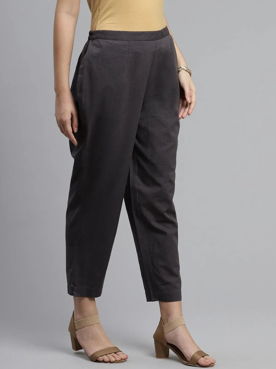 Grey Solid Cotton Trousers - Libas 