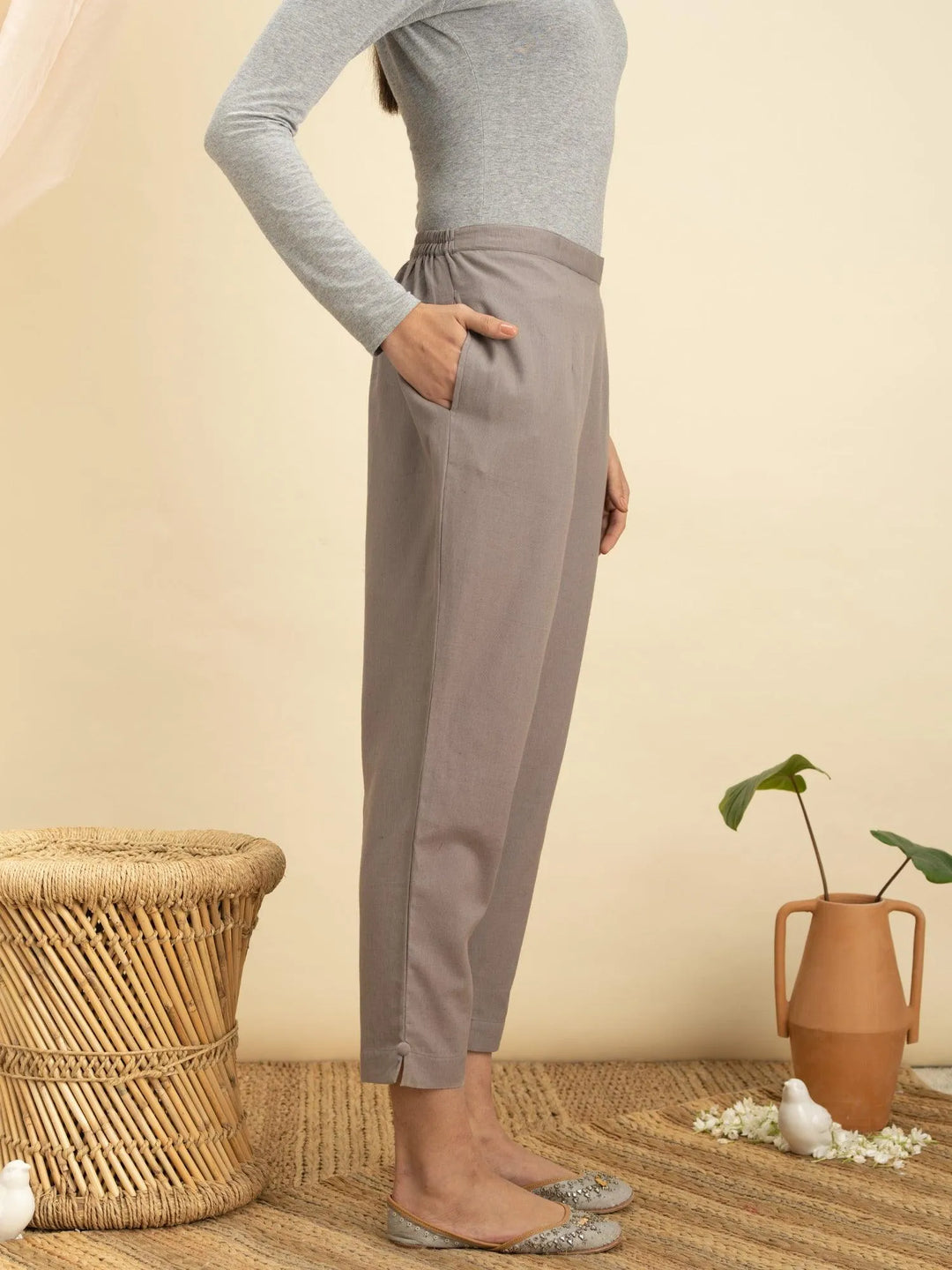 Grey Solid Cotton Trousers - Libas 