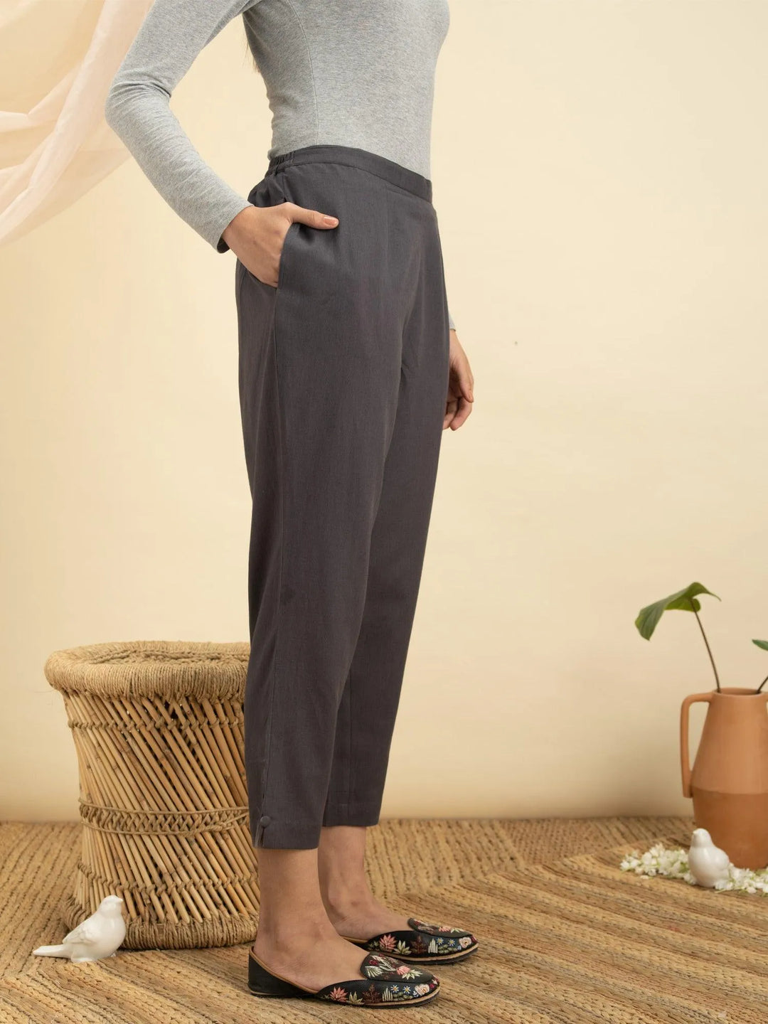 Grey Solid Cotton Trousers - Libas