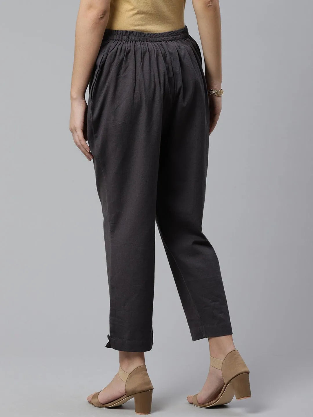 Grey Solid Cotton Trousers - Libas 