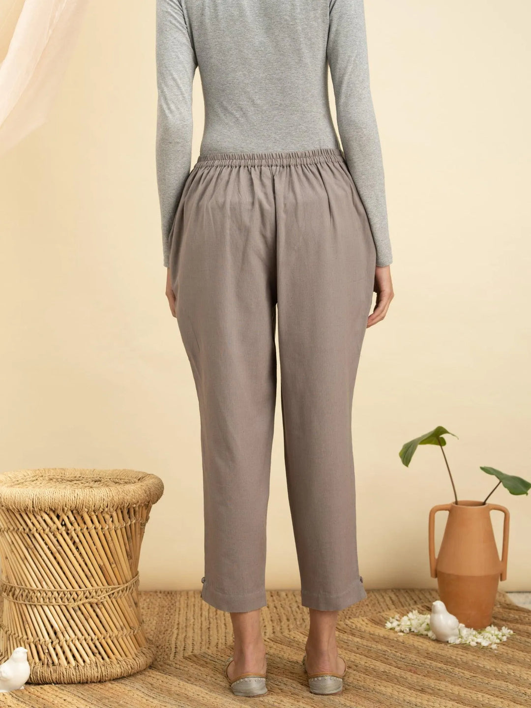 Grey Solid Cotton Trousers - Libas 