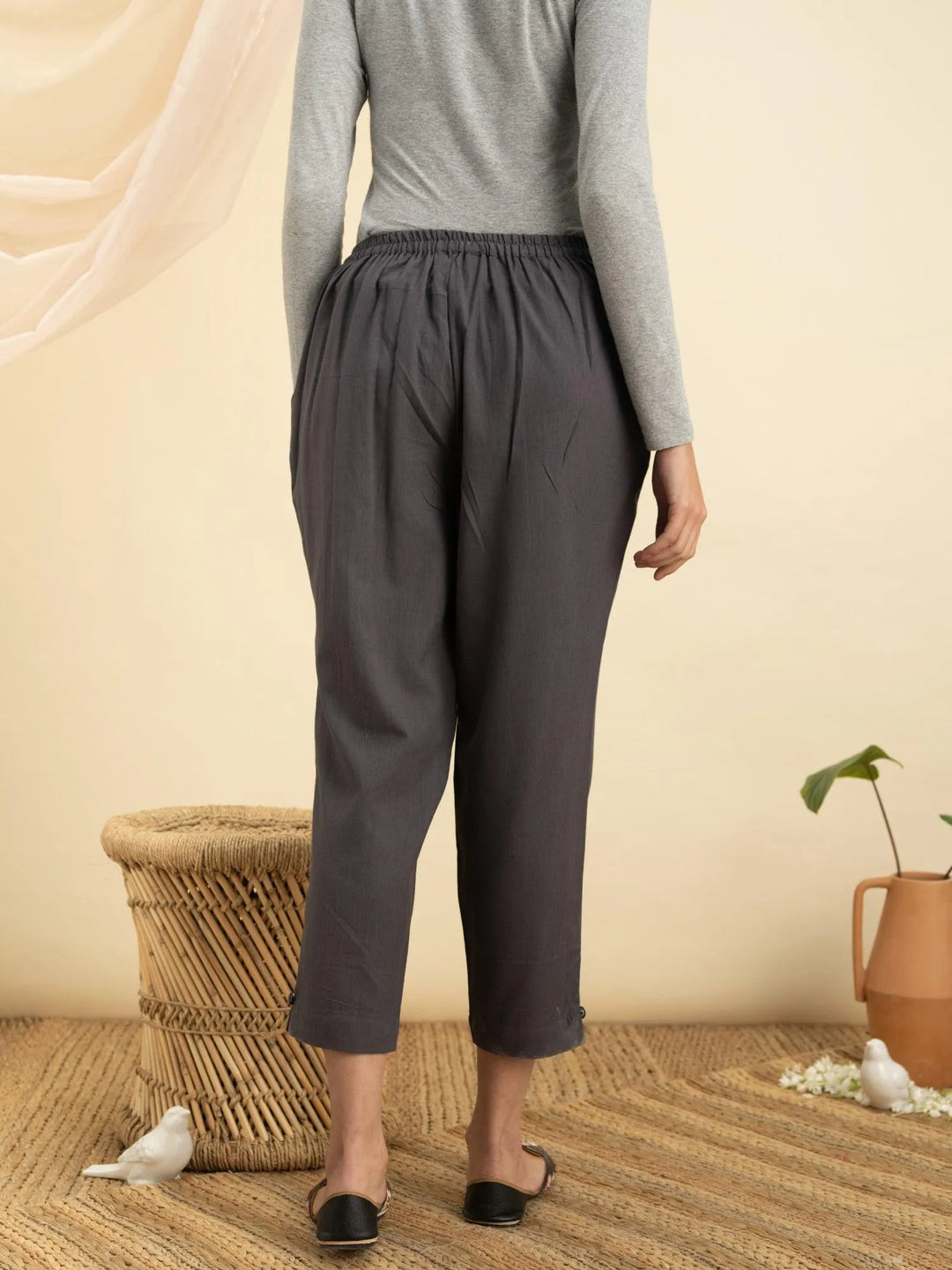 Grey Solid Cotton Trousers - Libas 