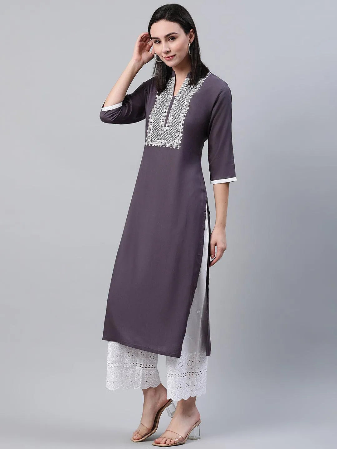 Grey Solid Rayon Kurta - Libas