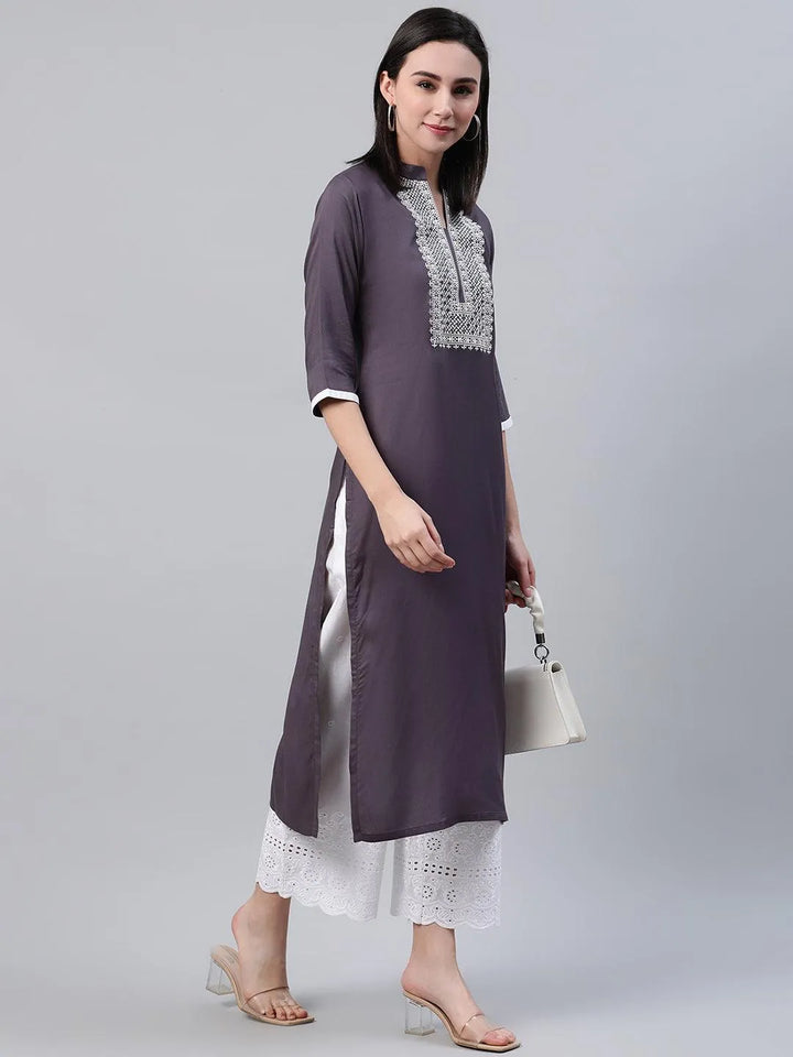 Grey Solid Rayon Kurta - Libas