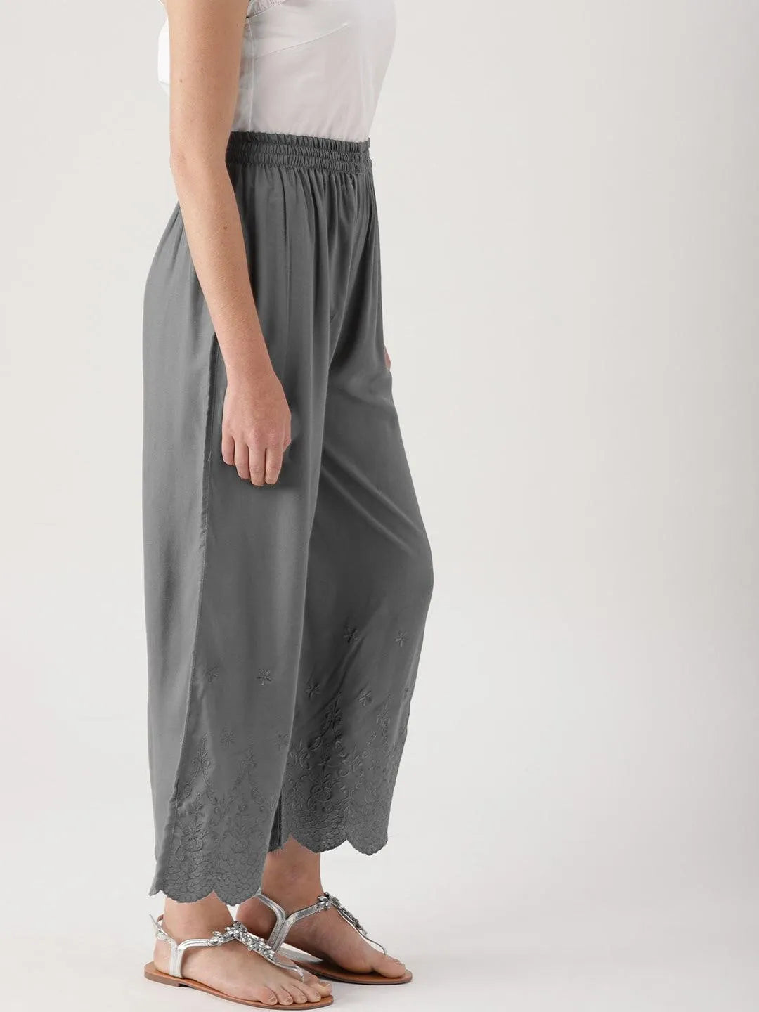 Grey Solid Rayon Palazzos - Libas 