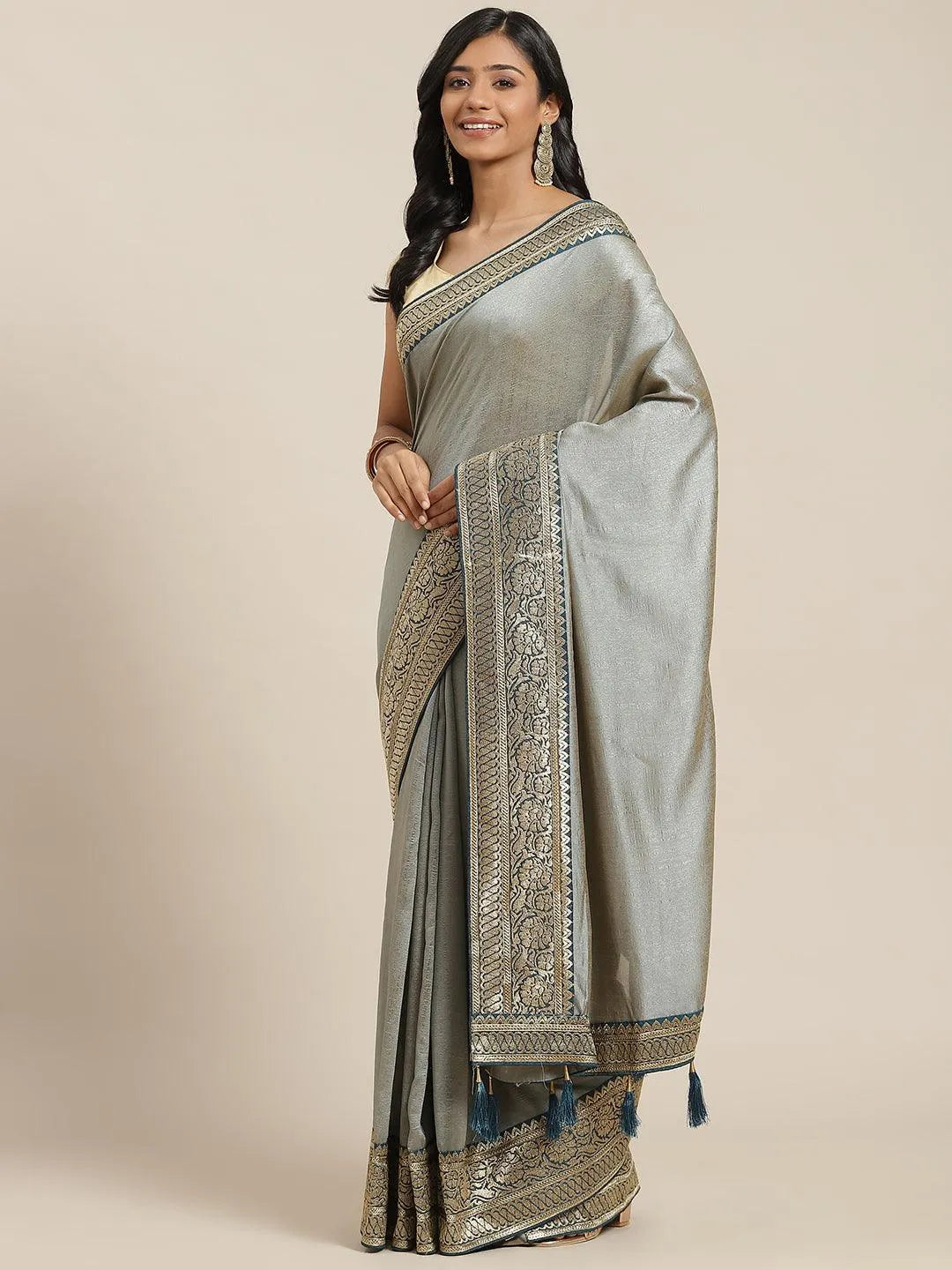 Grey Solid Silk Blend Saree - Libas 