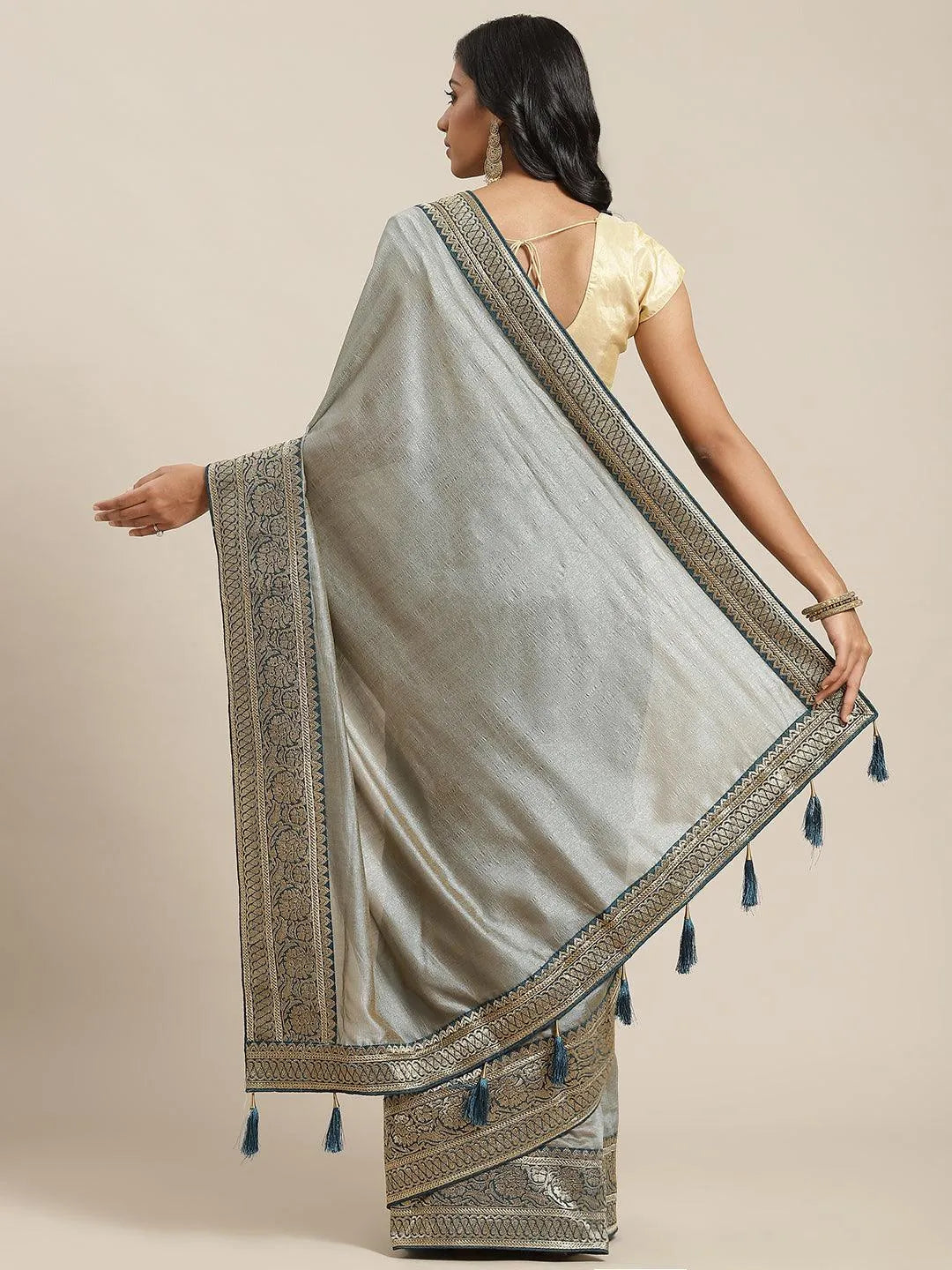 Grey Solid Silk Blend Saree - Libas 