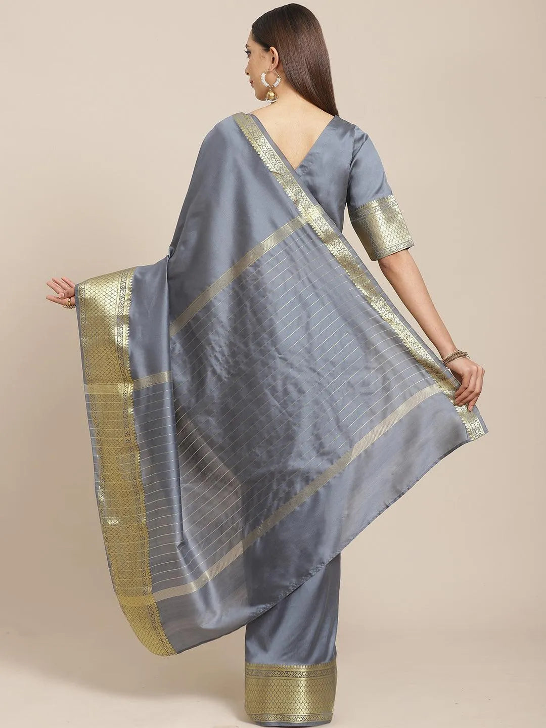 Grey Solid Silk Blend Saree - Libas