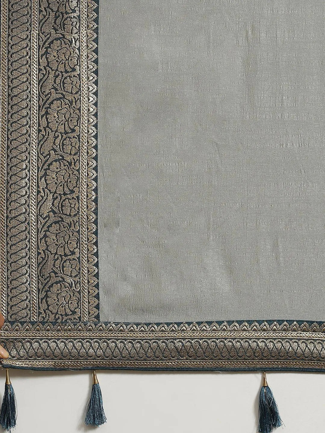 Grey Solid Silk Blend Saree - Libas