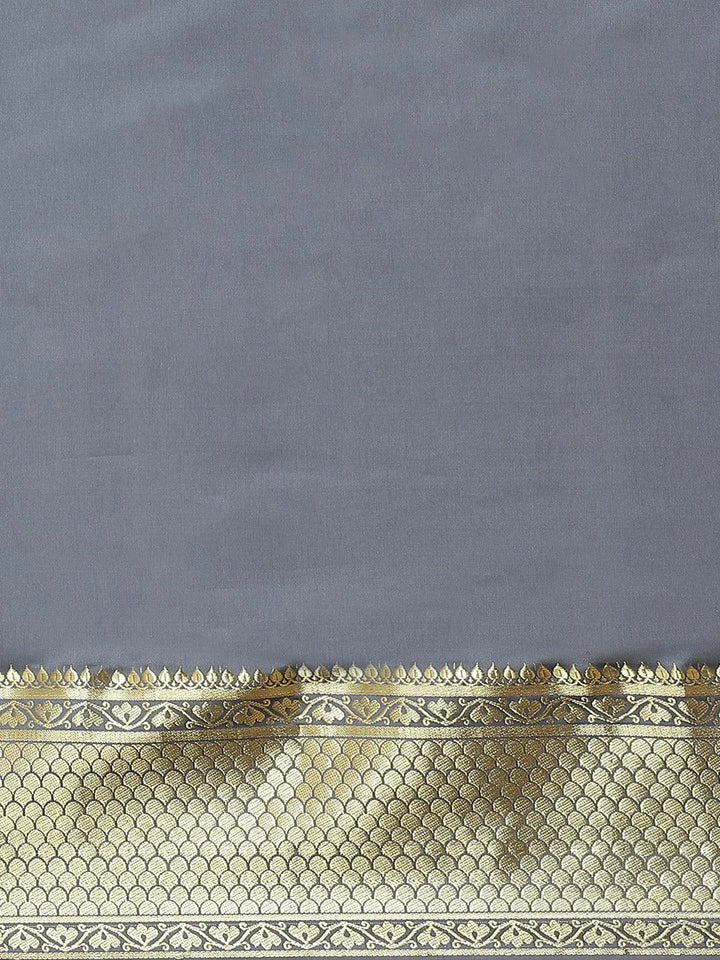 Grey Solid Silk Blend Saree - Libas