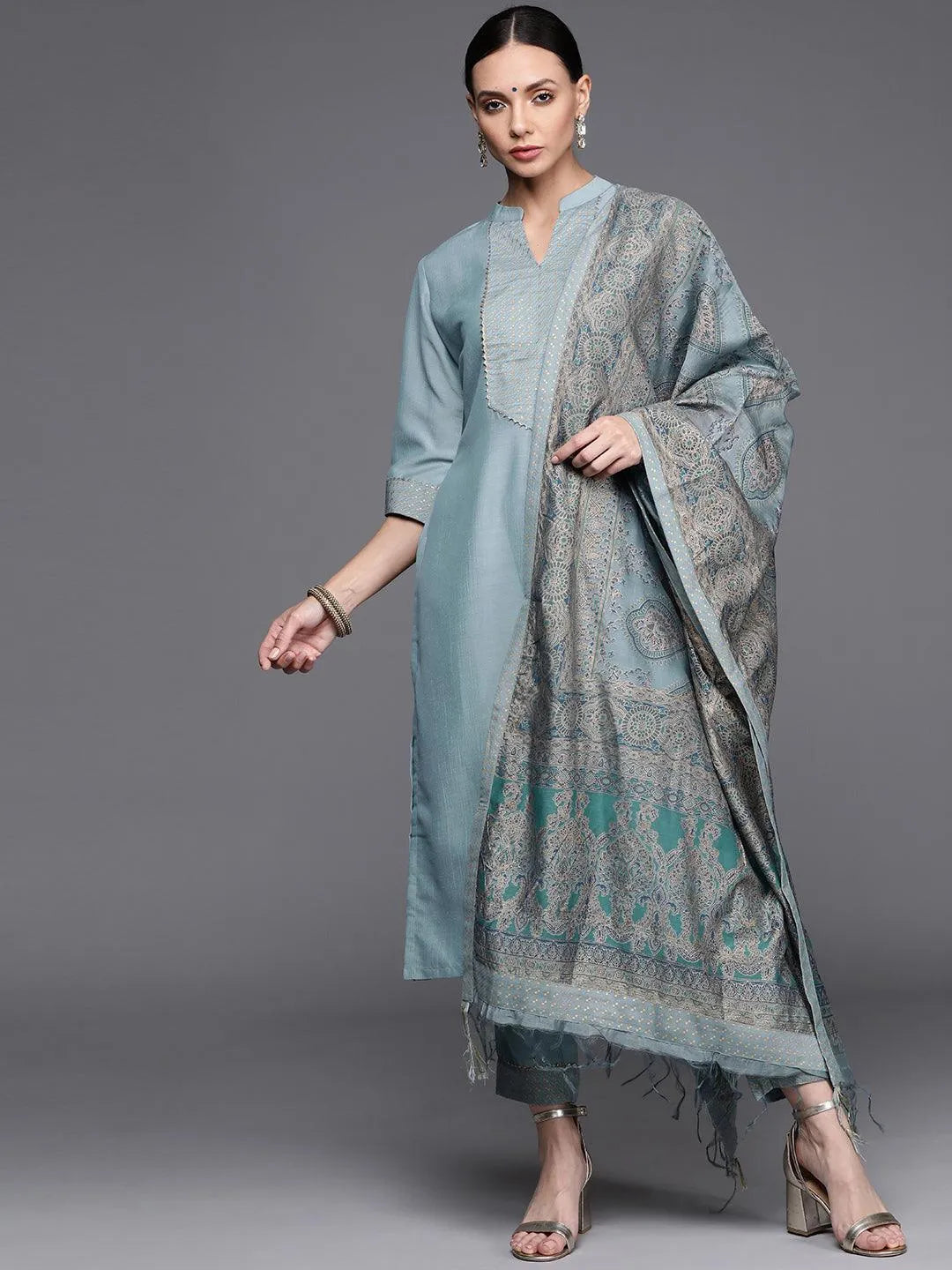 Grey Solid Silk Blend Suit Set - Libas