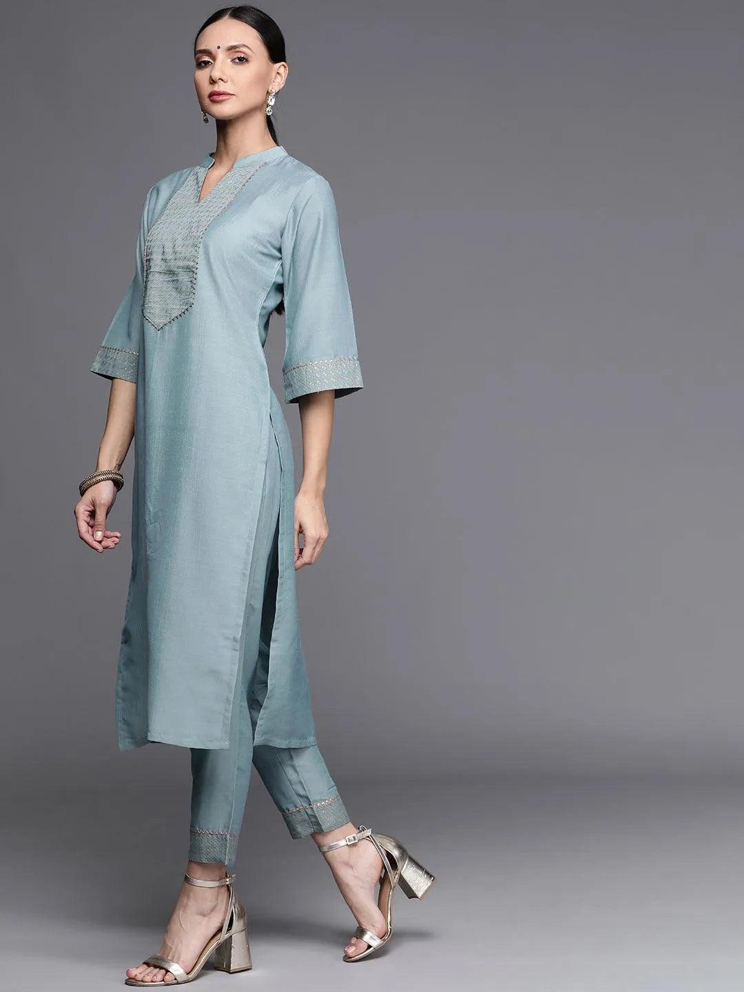 Grey Solid Silk Blend Suit Set - Libas