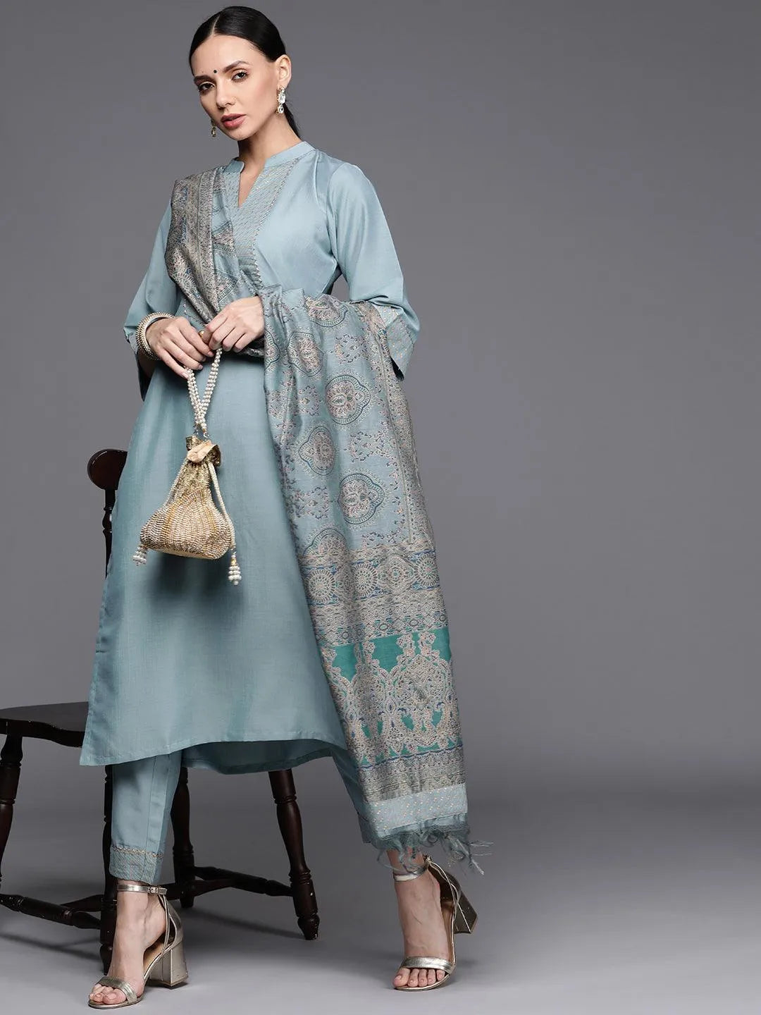 Grey Solid Silk Blend Suit Set - Libas