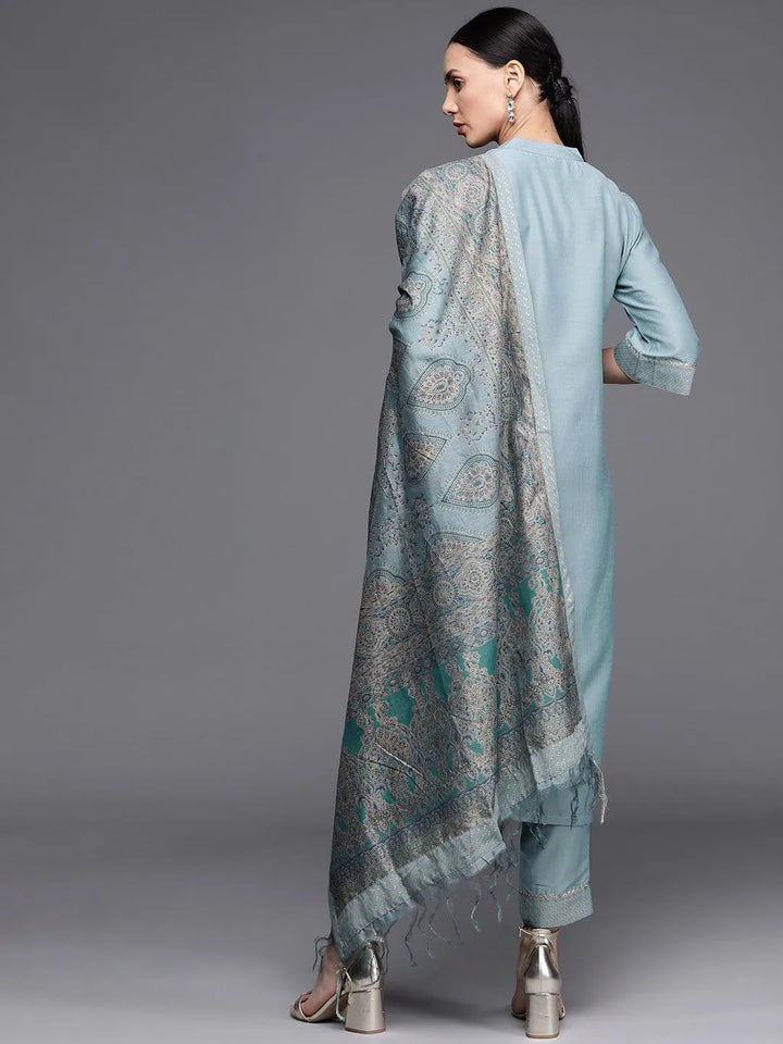 Grey Solid Silk Blend Suit Set - Libas