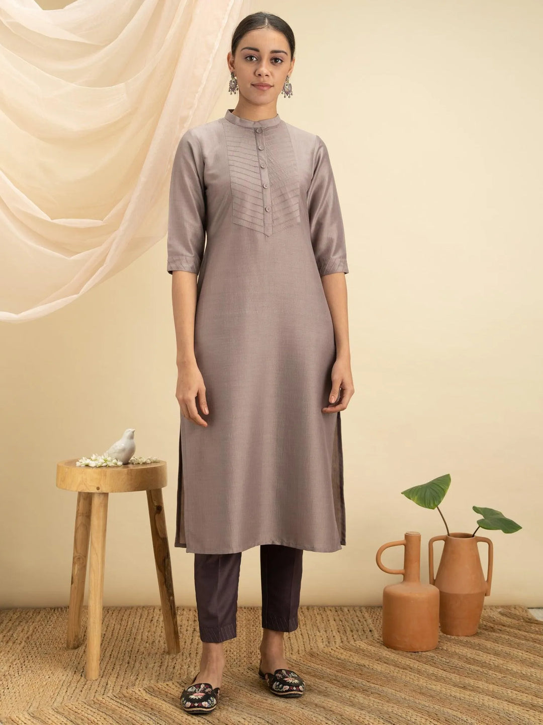 Grey Solid Silk Kurta - Libas 