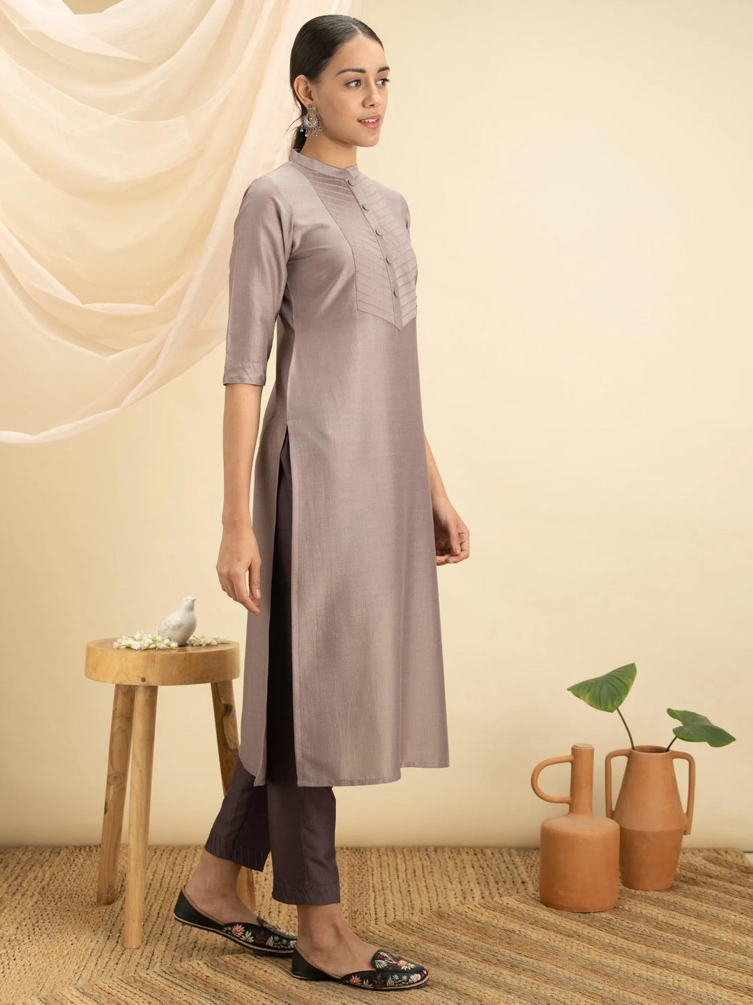 Grey Solid Silk Kurta - Libas 