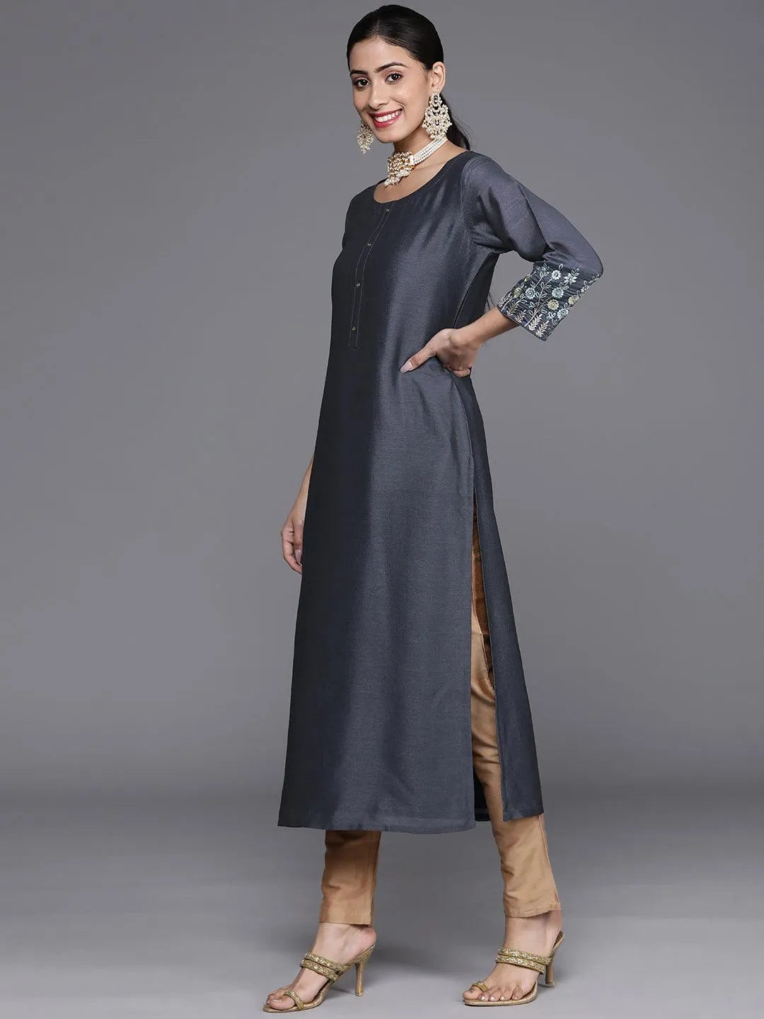 Grey Solid Silk Kurta - Libas 