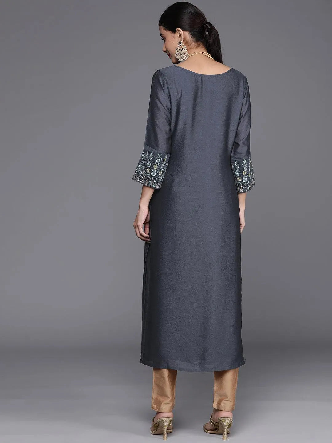 Grey Solid Silk Kurta - Libas 